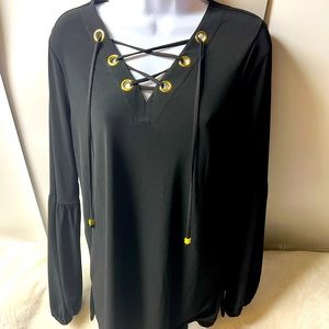 NEW Michael Kors Women’s Small Black Pullover Top Blouse Cross Gold Tome circles